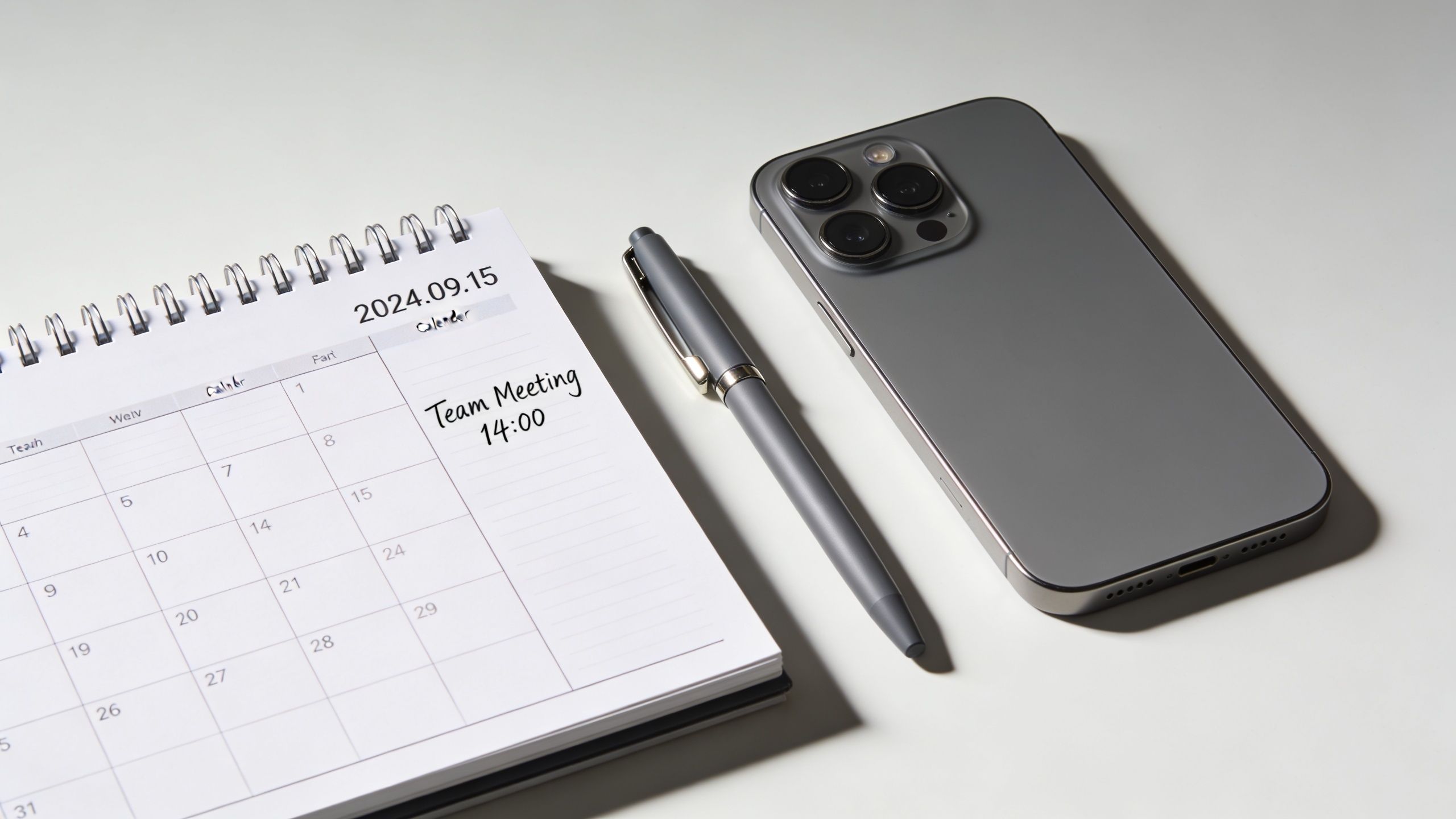 A calendar showing a scheduled team meeting next to a grey pen and a smartphone.