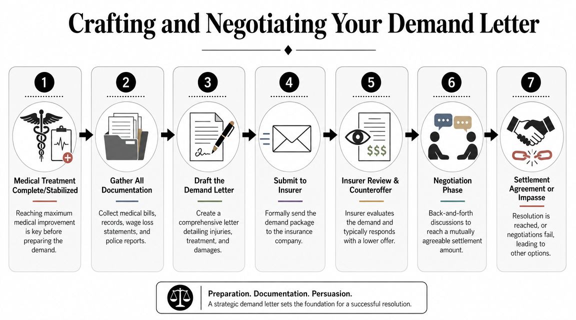 A seven-step flowchart illustrating the process of crafting and negotiating an insurance injury claim demand letter.