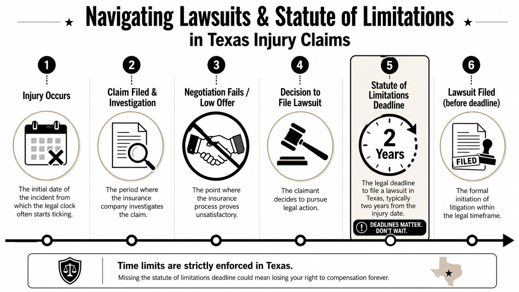 A six-step infographic explaining the legal timeline and statute of limitations for personal injury claims in Texas.