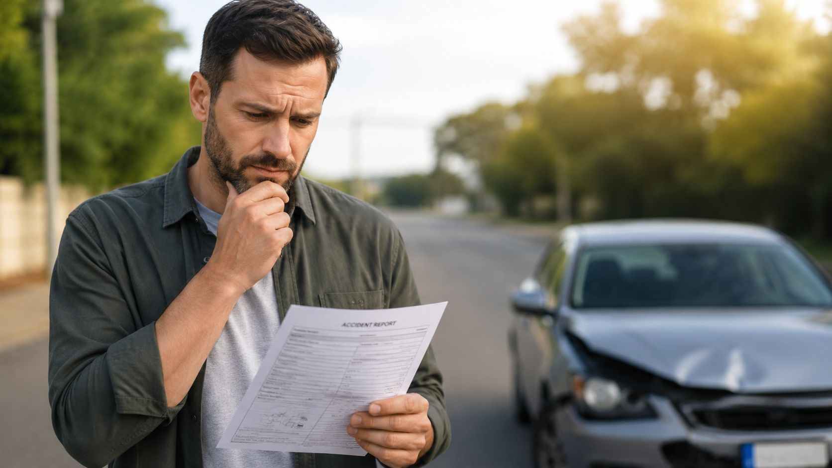 A concerned man examines an accident report form while standing in front of his damaged car.