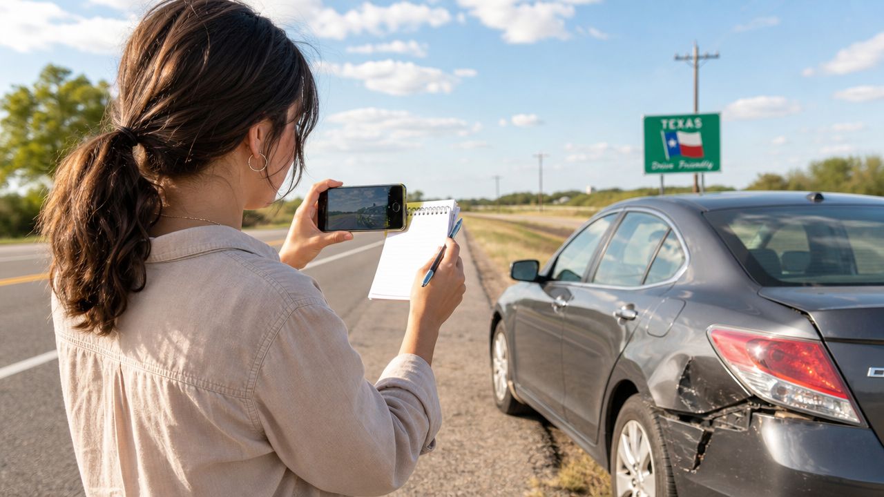 A young woman taking photos of car damage with her smartphone while standing on a Texas road.