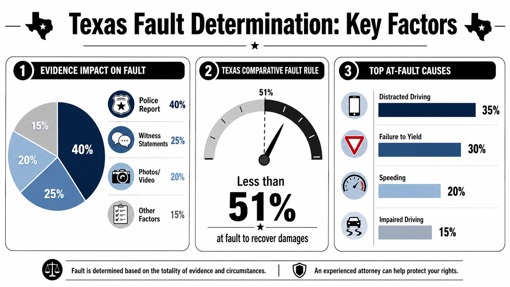 An infographic showing key factors for determining fault in a Texas car accident, including evidence and liability rules.