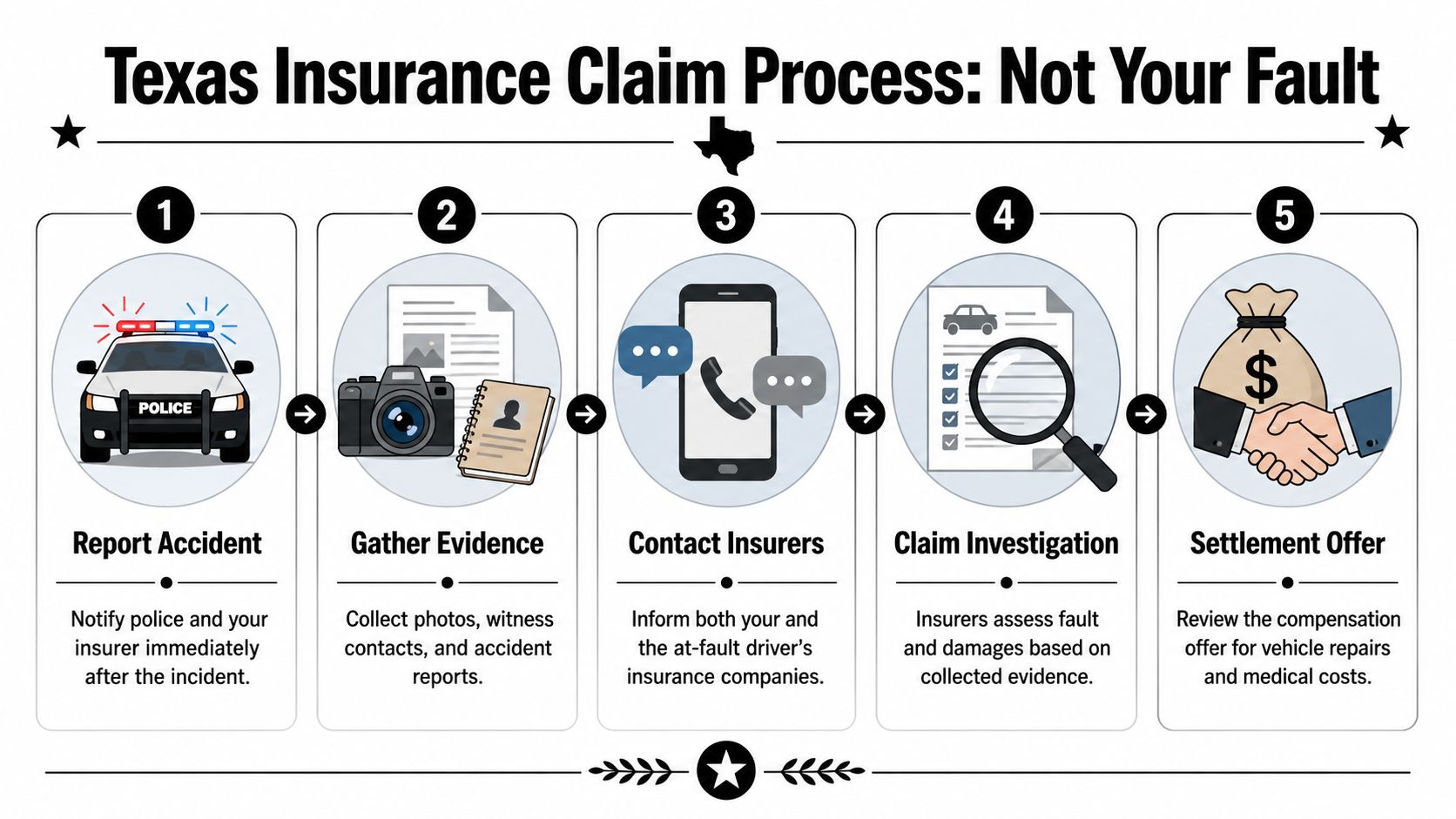 A five-step infographic illustrating the Texas insurance claim process for when an accident is not your fault.