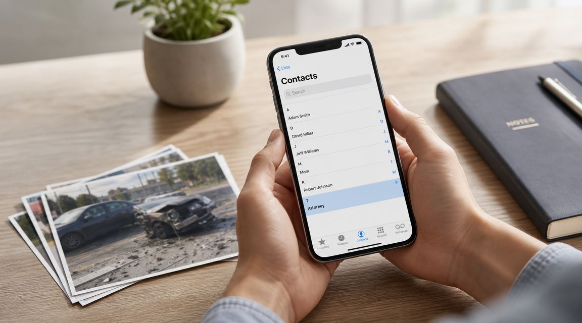 A person holding a smartphone showing a contact list while photos of a car accident sit nearby.
