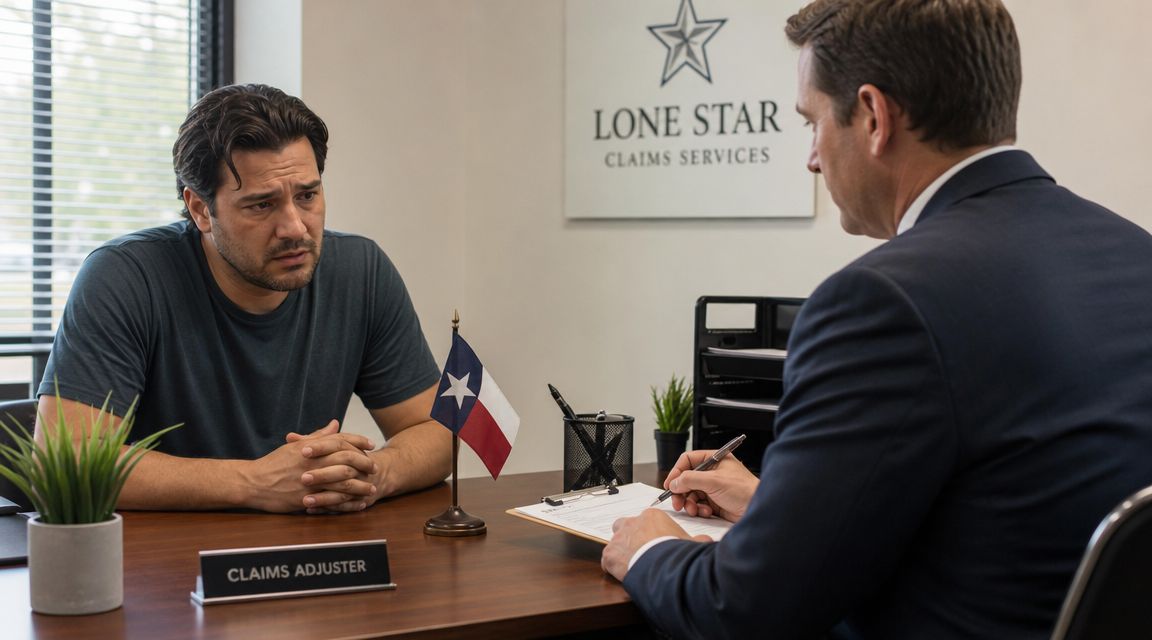 A man sits across from an insurance claims adjuster at a desk in a professional office setting.