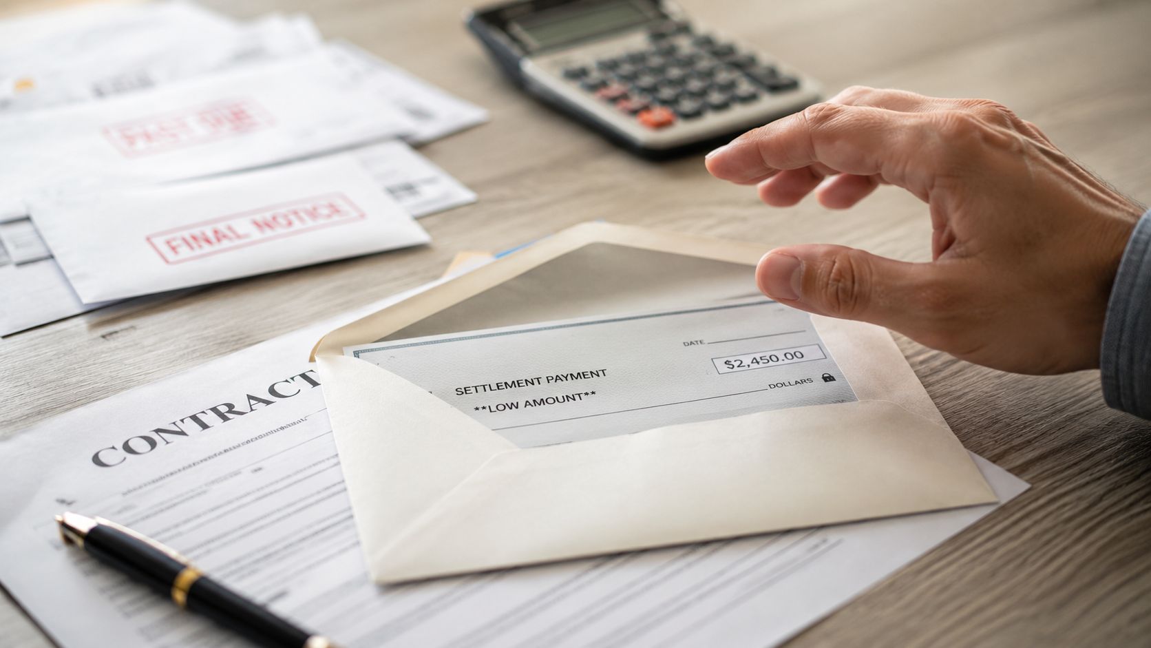 A person opening a letter containing a low settlement payment check with past due notices nearby.