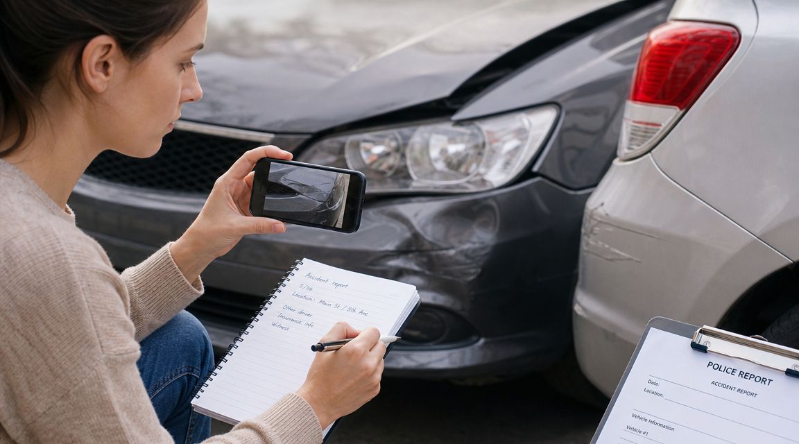 A woman documenting a car accident by taking photos with her phone and writing notes.