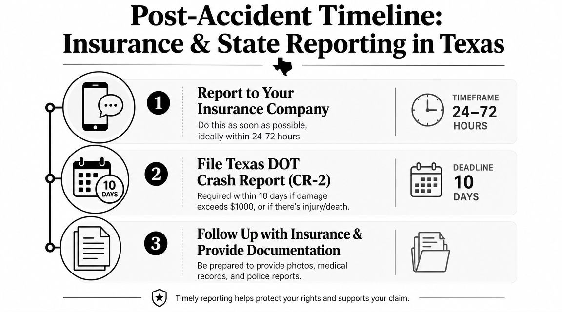 A timeline graphic showing the three essential steps for reporting a car accident in Texas.