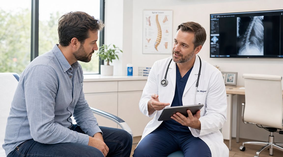 A doctor in a white coat consulting with a male patient in a modern medical office setting.