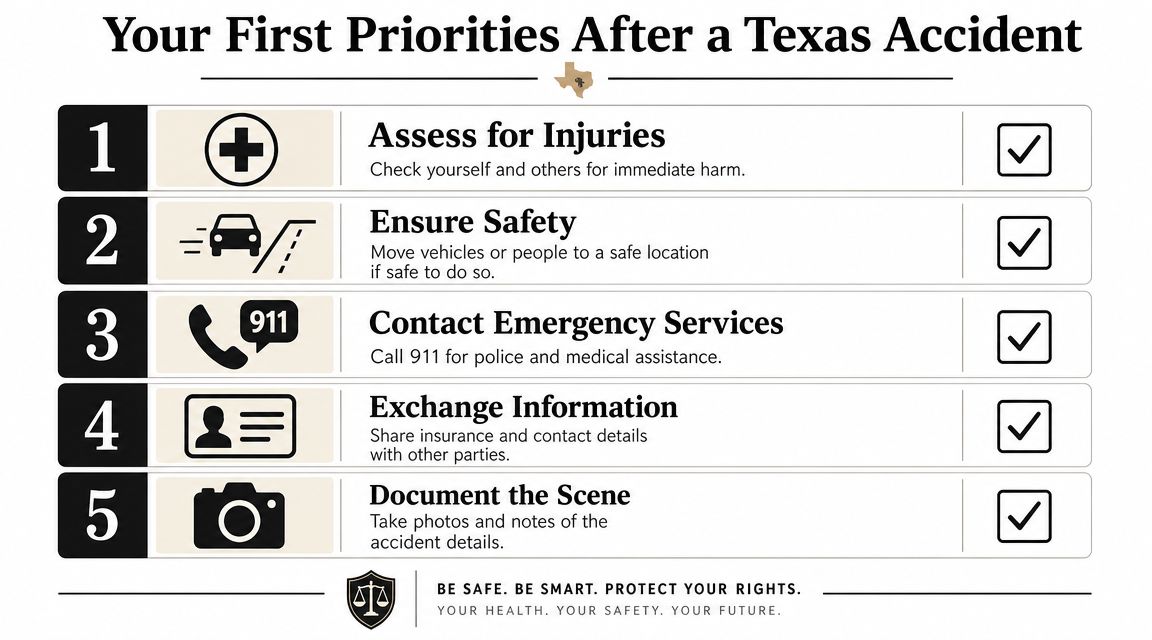 A checklist showing five essential steps to take after a car accident in Texas for safety.