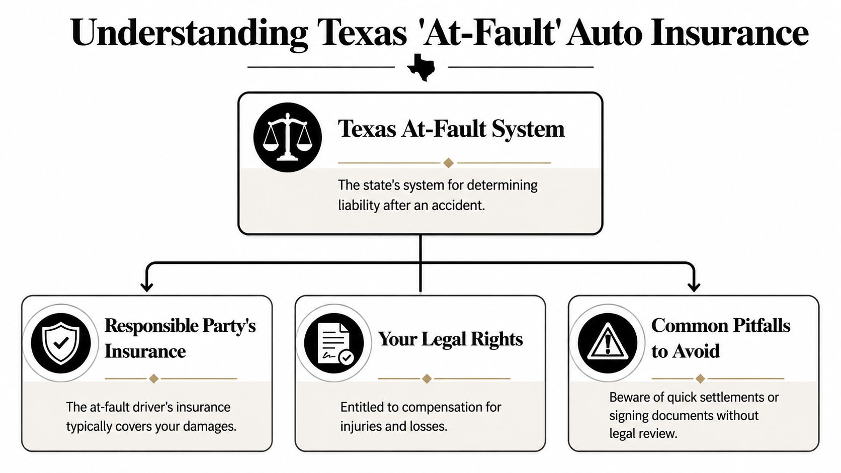 A flowchart explaining the Texas at-fault auto insurance system, including insurance responsibility, legal rights, and common pitfalls.