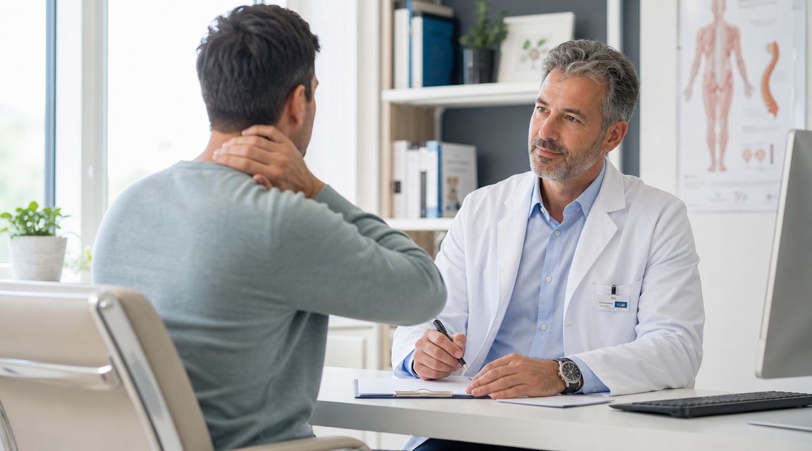 A male patient with neck pain consults with a doctor in a modern medical office setting.