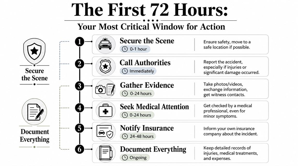 A checklist infographic titled The First 72 Hours outlining essential steps to take after an accident.