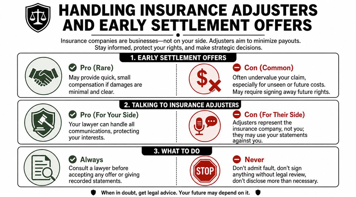 An infographic detailing tips for handling insurance adjusters, early settlement offers, and when to hire a lawyer.