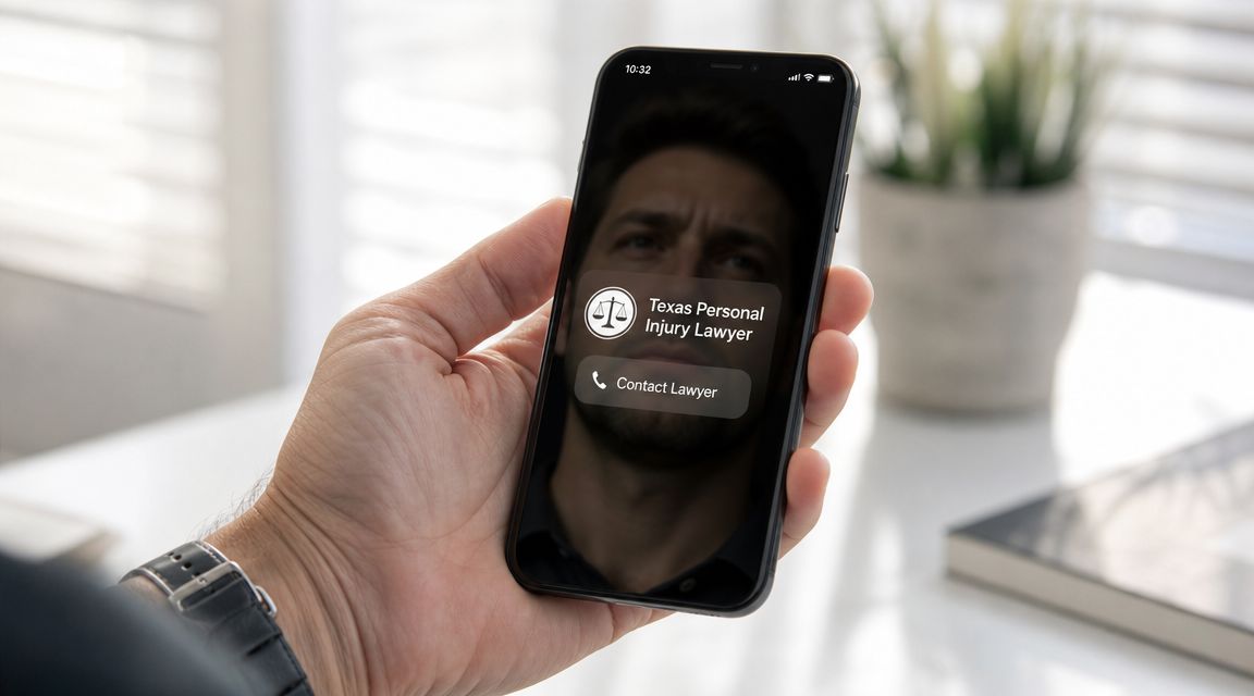 A person holding a smartphone displaying a prompt to contact a Texas personal injury lawyer after an accident.