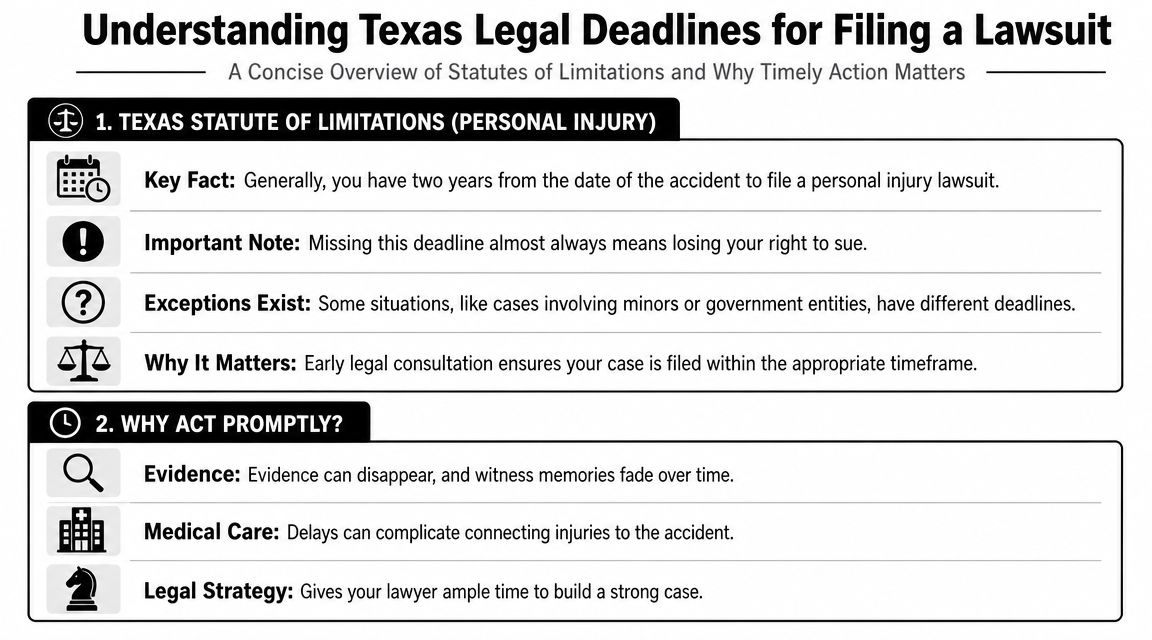An infographic explaining Texas statutes of limitations for personal injury lawsuits and why prompt legal action is important.