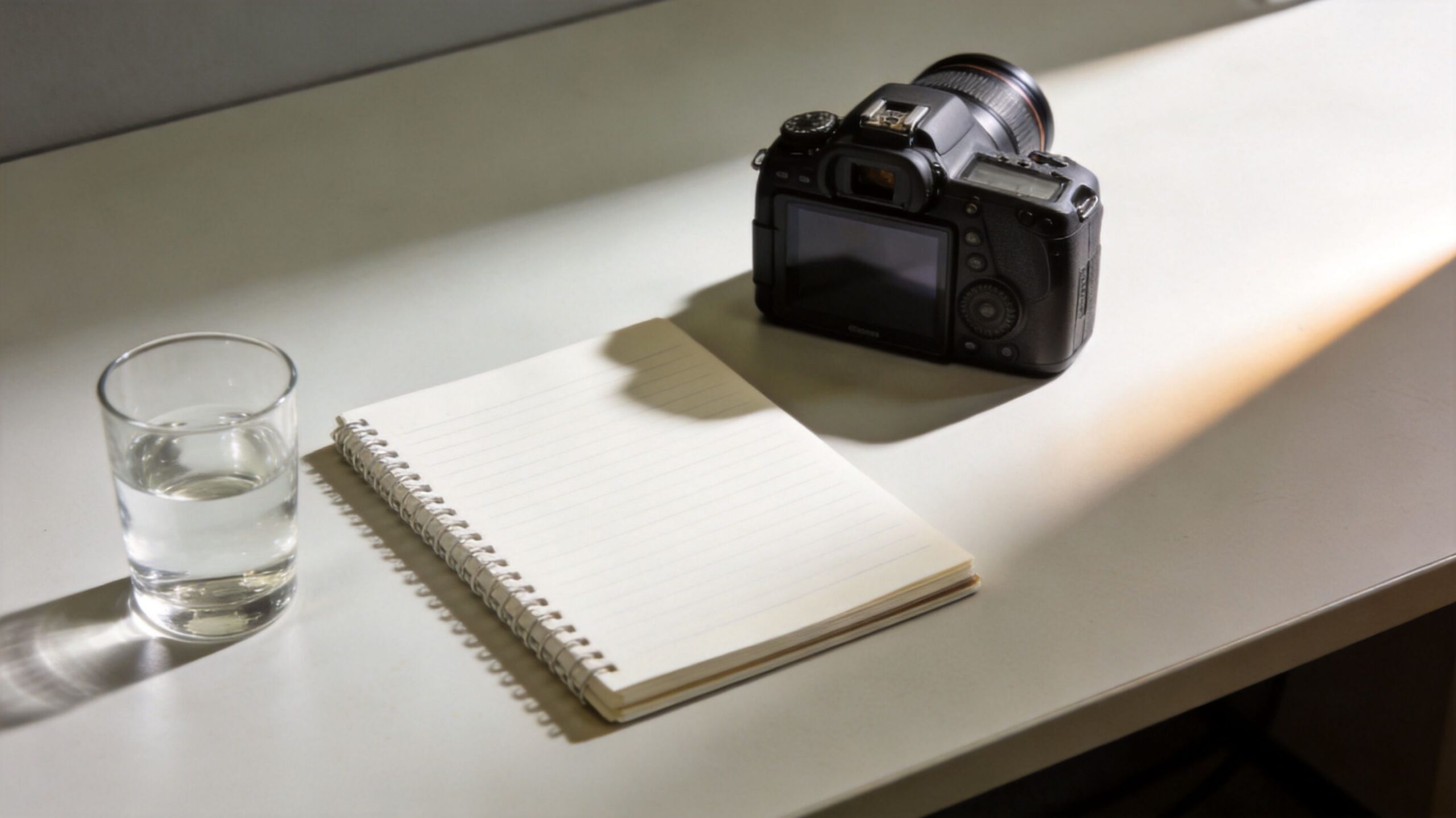 A professional DSLR camera, a blank notebook, and a glass of water on a minimalist desk.