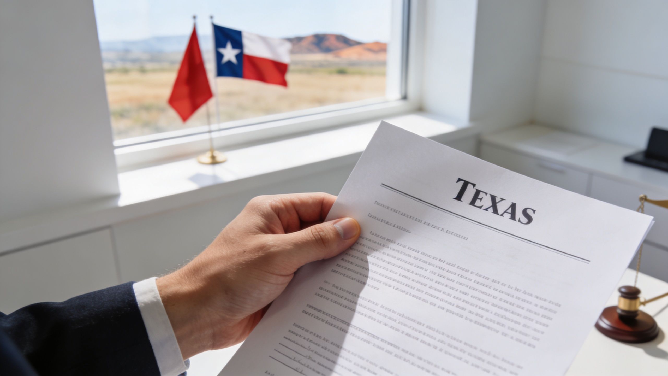A person in a suit holding a legal document labeled Texas in a professional office setting.