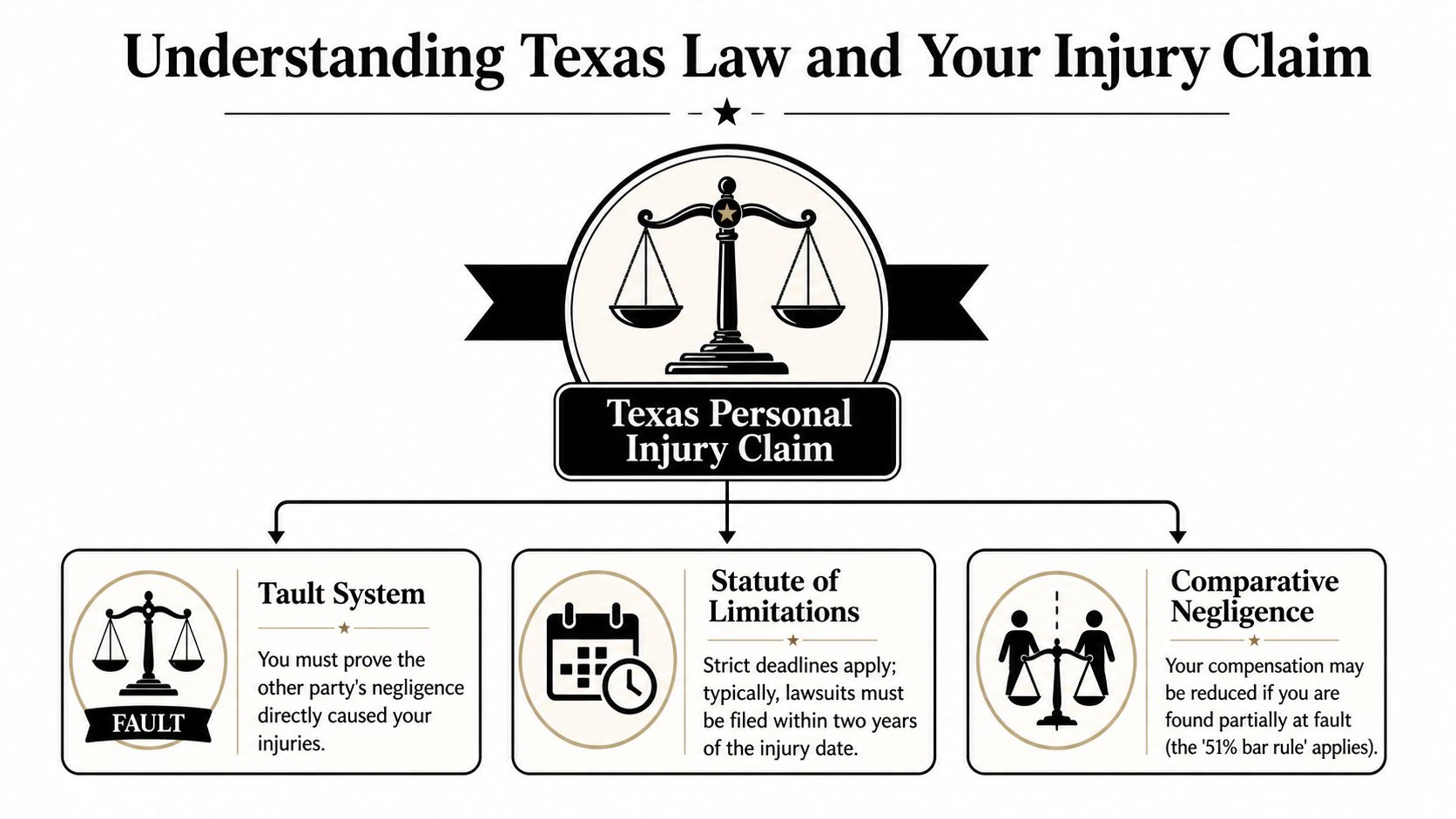 An infographic titled Understanding Texas Law and Your Injury Claim explaining fault, statute of limitations, and comparative negligence.