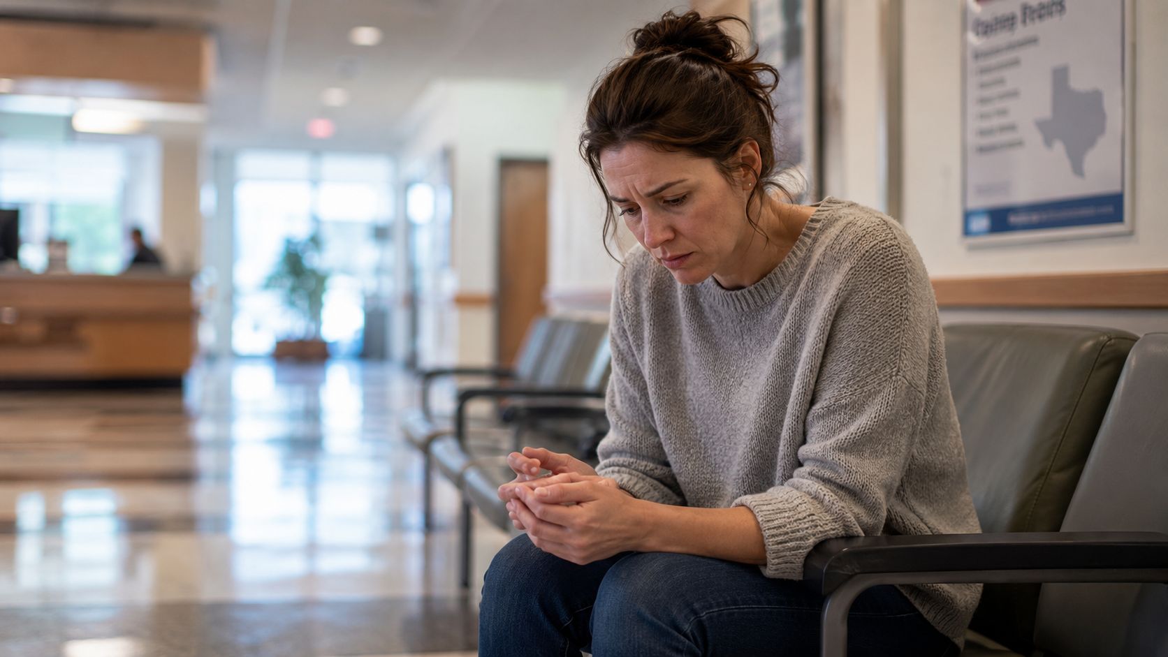 A worried woman sits alone on a hospital waiting room chair, looking down with a concerned expression.