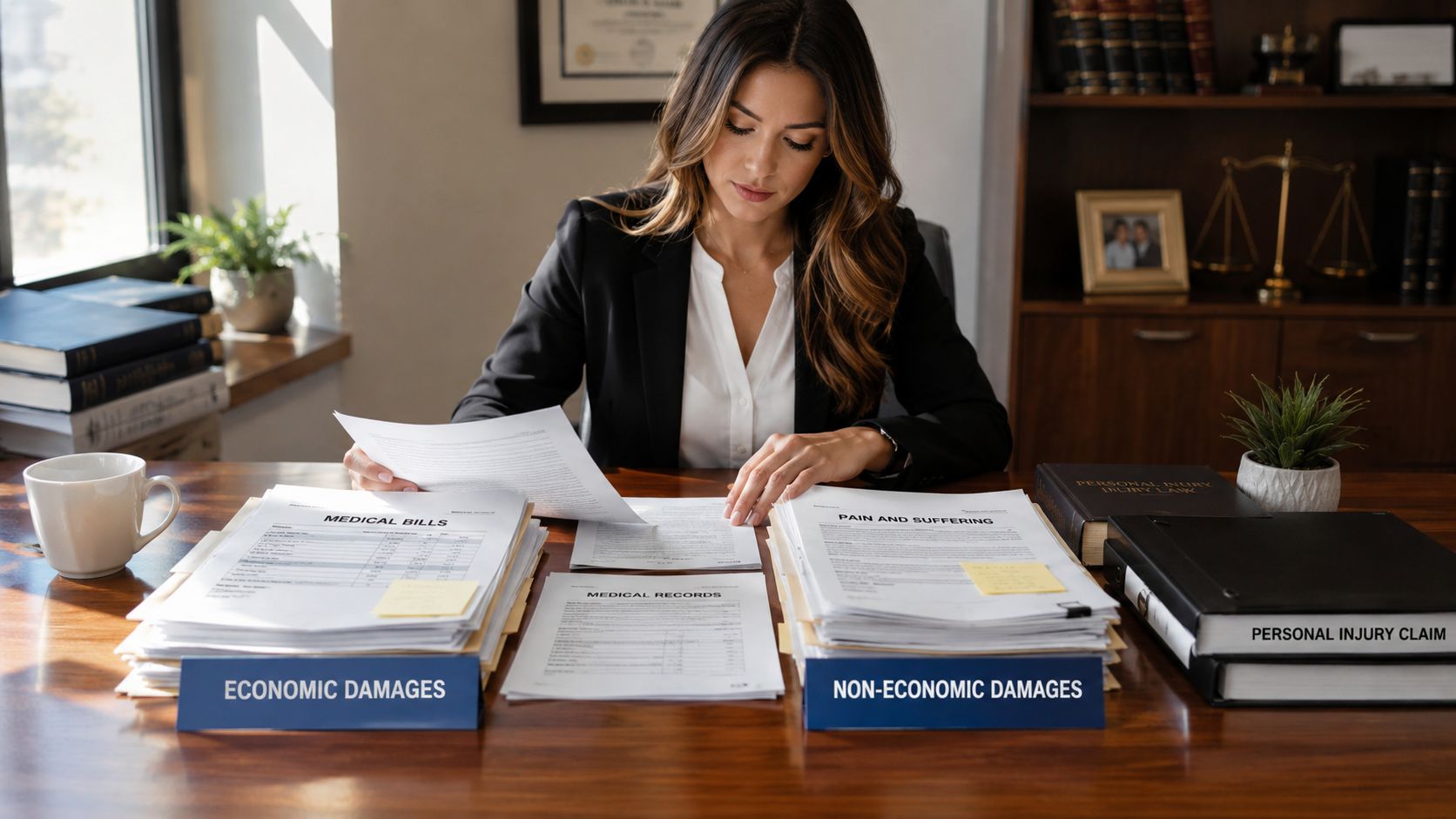 A professional attorney reviewing personal injury legal documents and files at her desk in an office.