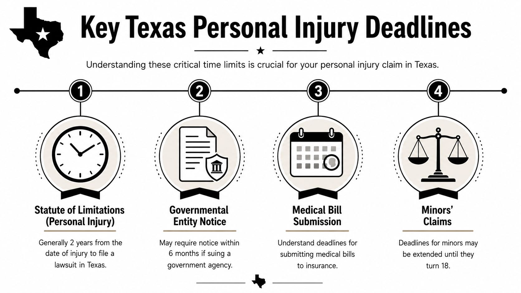 An infographic titled Key Texas Personal Injury Deadlines, outlining four critical time limits for legal claims.