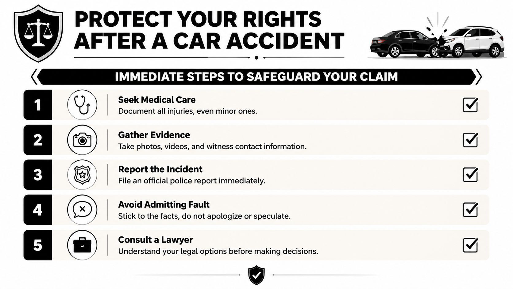 An infographic titled Protect Your Rights After a Car Accident with five numbered steps for insurance claims.