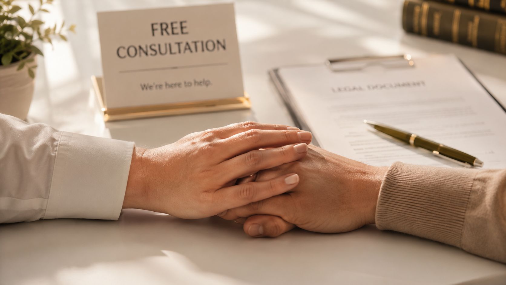 A legal professional offering comfort by holding the hand of a client during a consultation session.