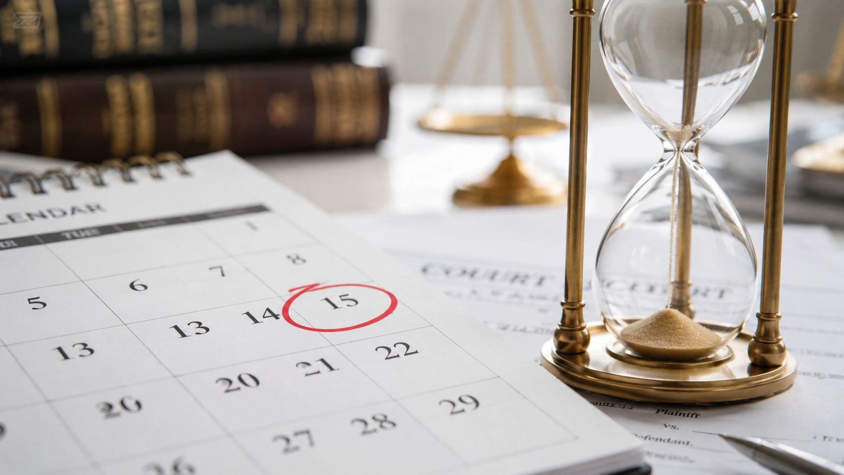 An hourglass resting on legal documents next to a calendar with the fifteenth circled in red.