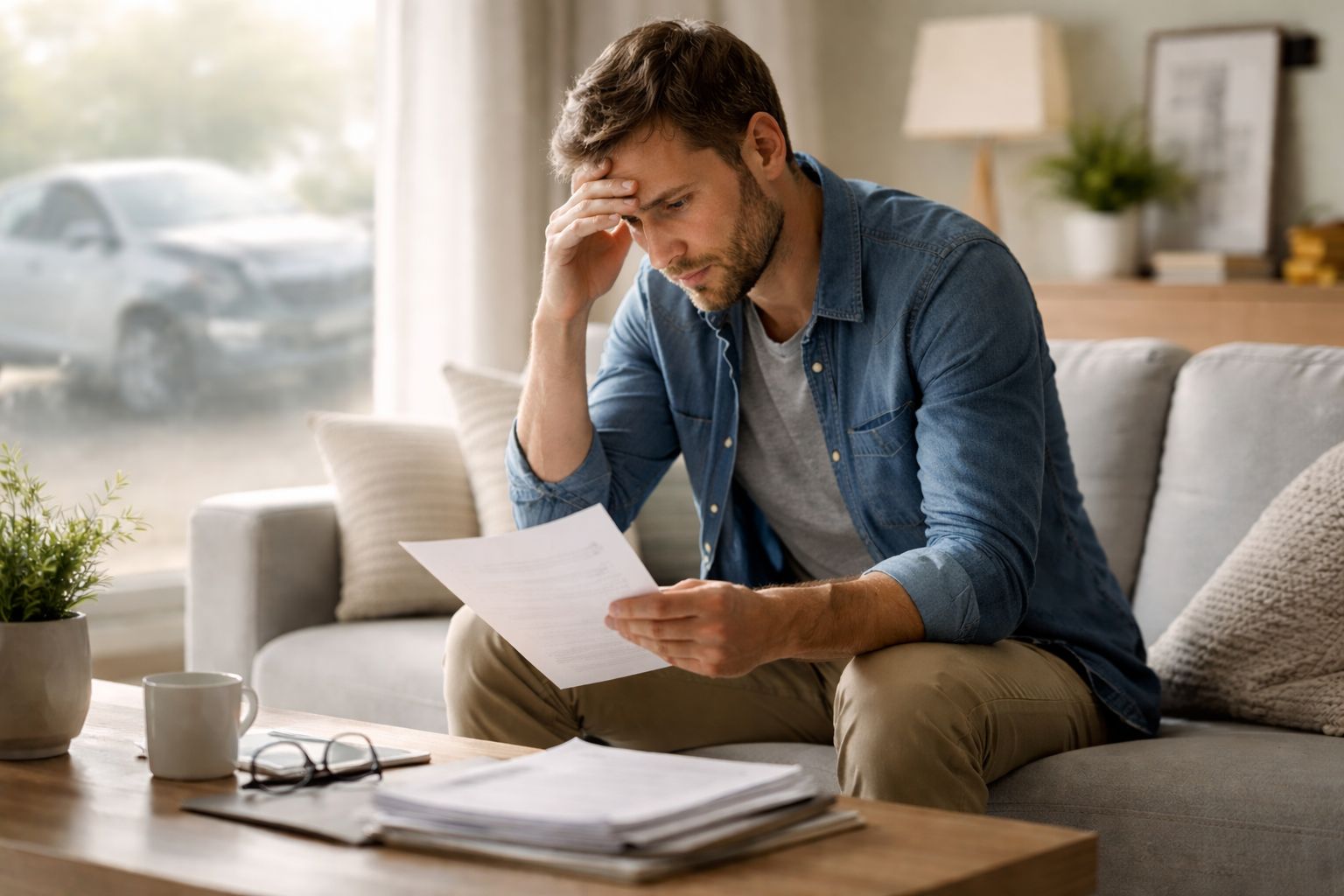 A stressed man sitting on a sofa reading insurance documents after a car accident.