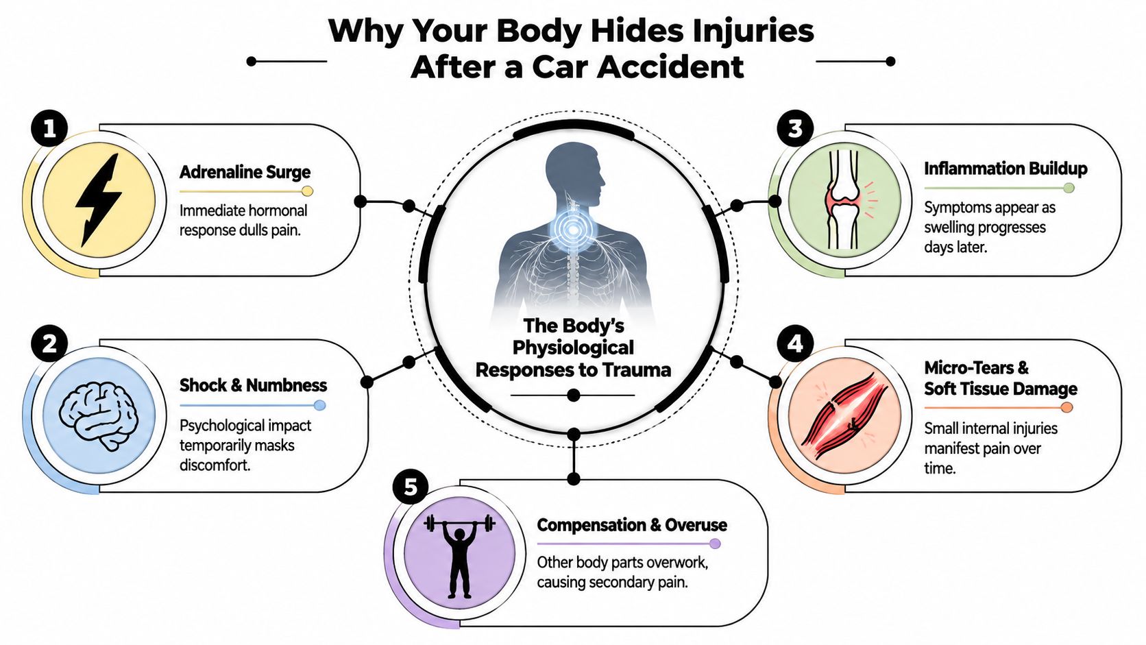 An infographic explaining why physical injuries may be hidden immediately after a car accident due to body trauma.