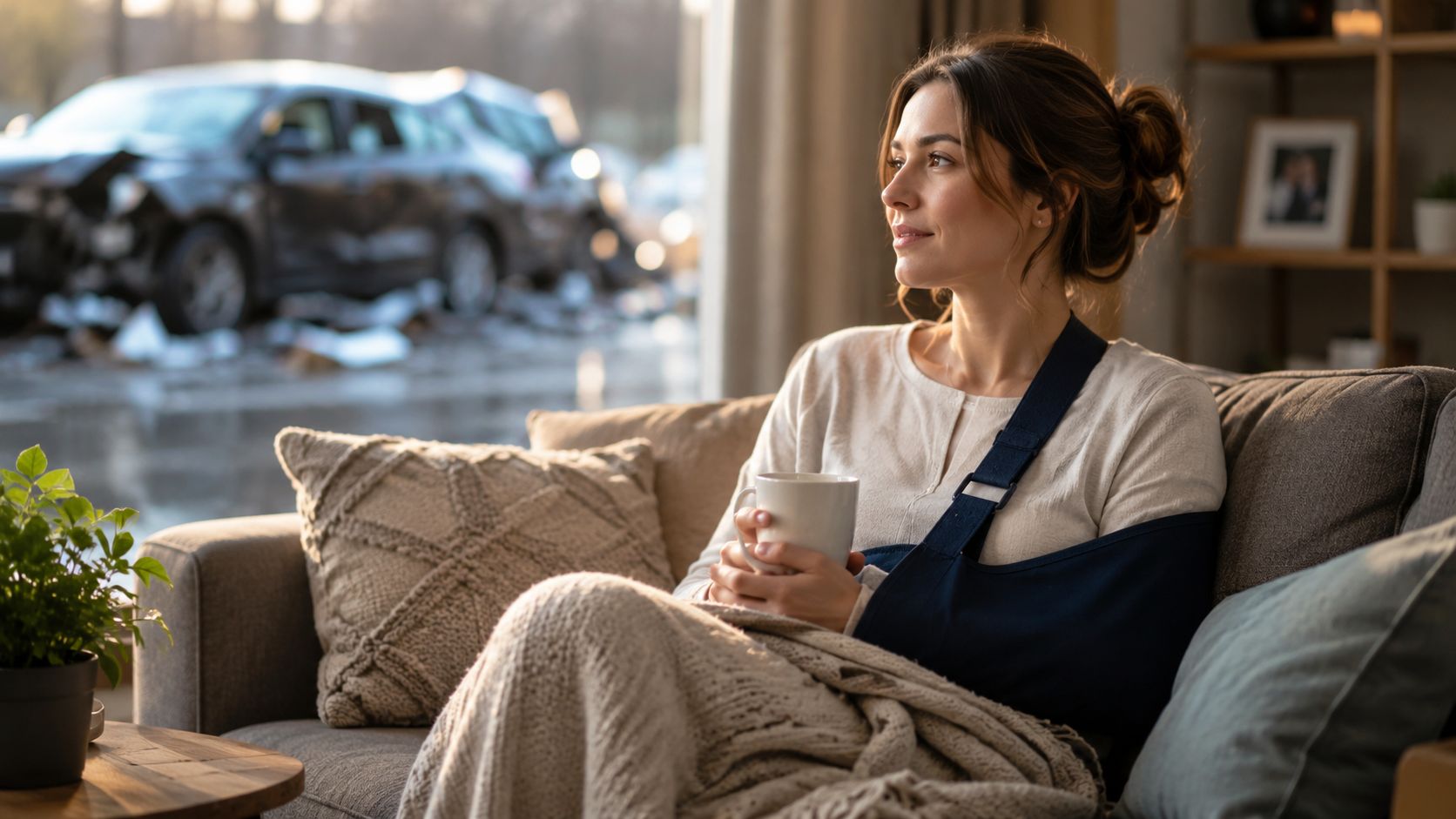 A woman with an injured arm in a sling sitting on a couch holding a cup of tea.