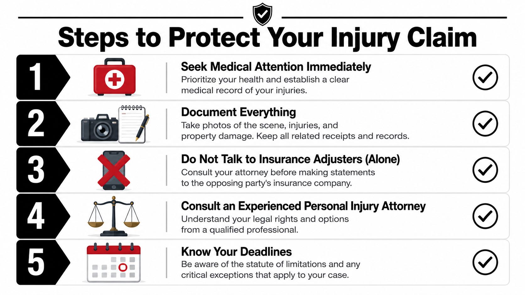 An infographic showing five essential steps to protect your personal injury claim through legal guidance.