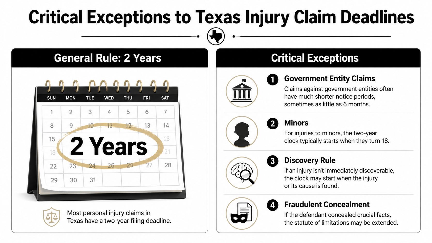An infographic detailing the two-year filing deadline for Texas personal injury claims and critical exceptions to this rule.