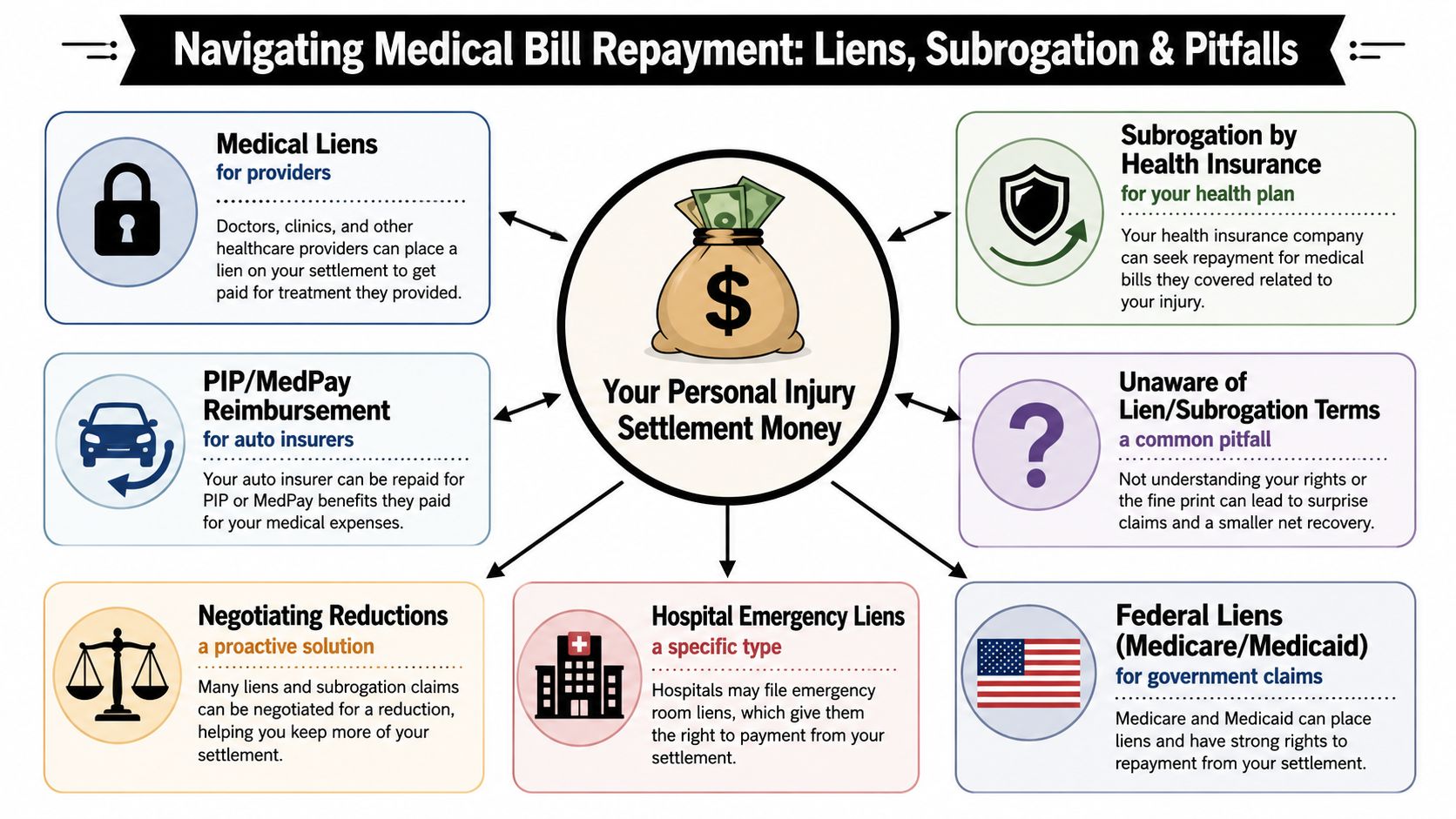 A diagram explaining how medical liens and subrogation claims affect a personal injury settlement payout.