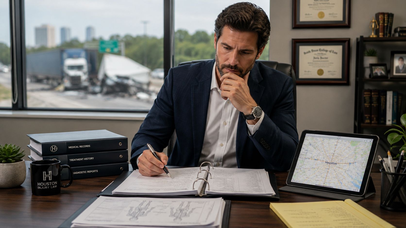 A professional attorney reviews medical records and diagnostic reports in his office in Houston, Texas.