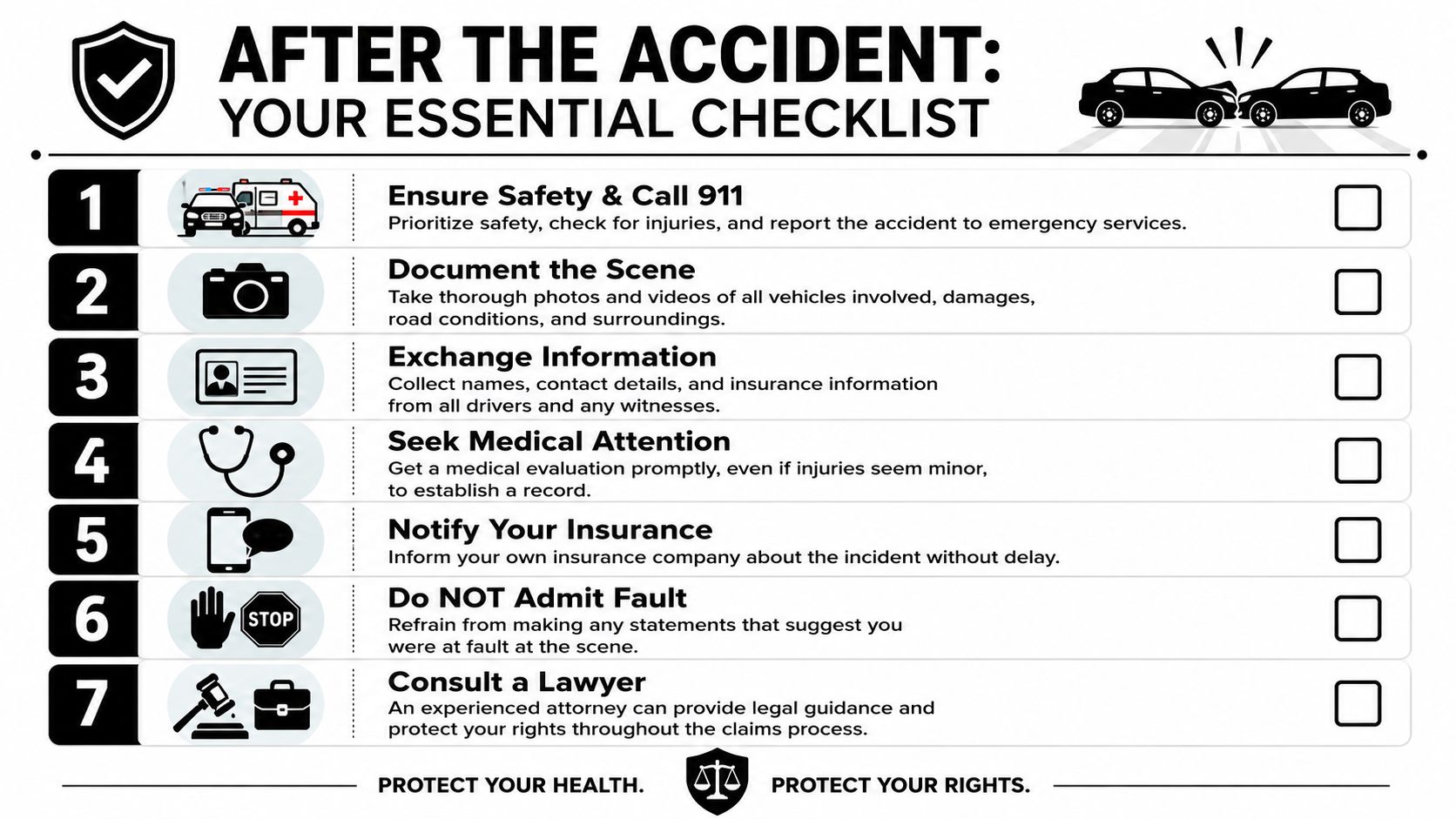 A seven-step checklist infographic detailing essential safety and legal actions to take after a car accident.
