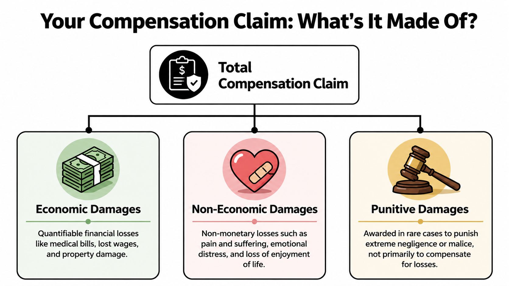 An infographic diagram explaining the three components of a personal injury compensation claim: economic, non-economic, and punitive damages.