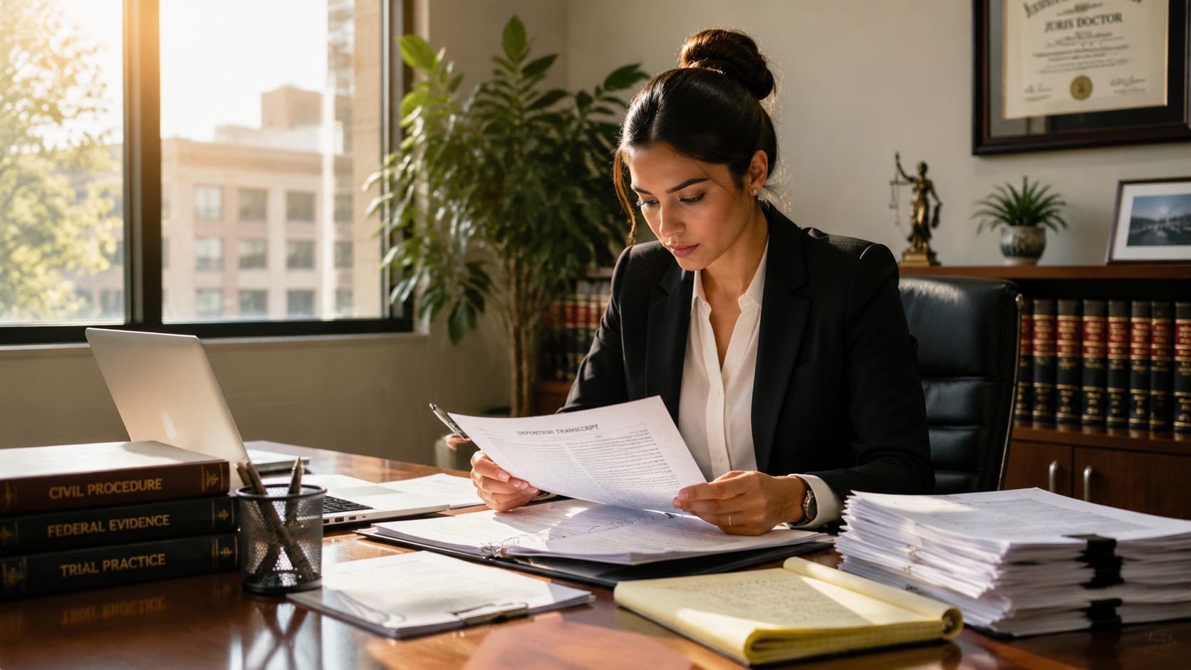 A professional female attorney in a suit reviewing legal documents at her desk in a law office.
