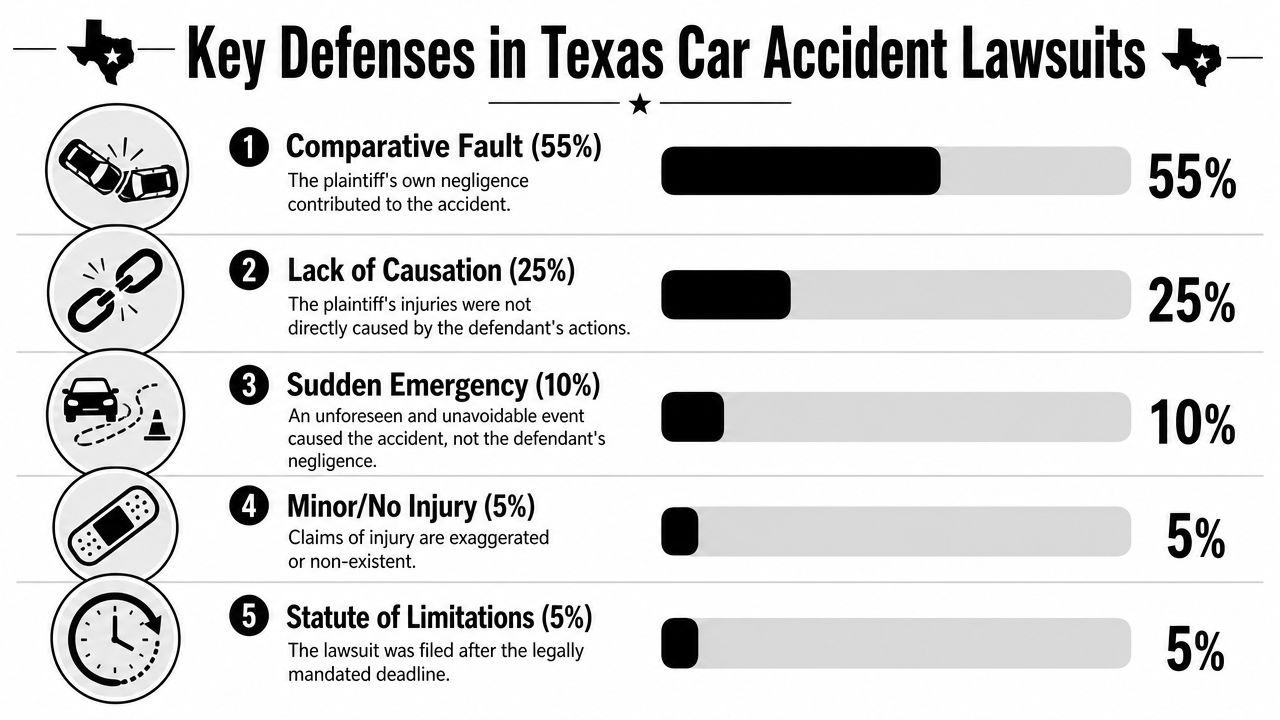 A chart showing common legal defenses used in Texas car accident lawsuits with percentage statistics for each.