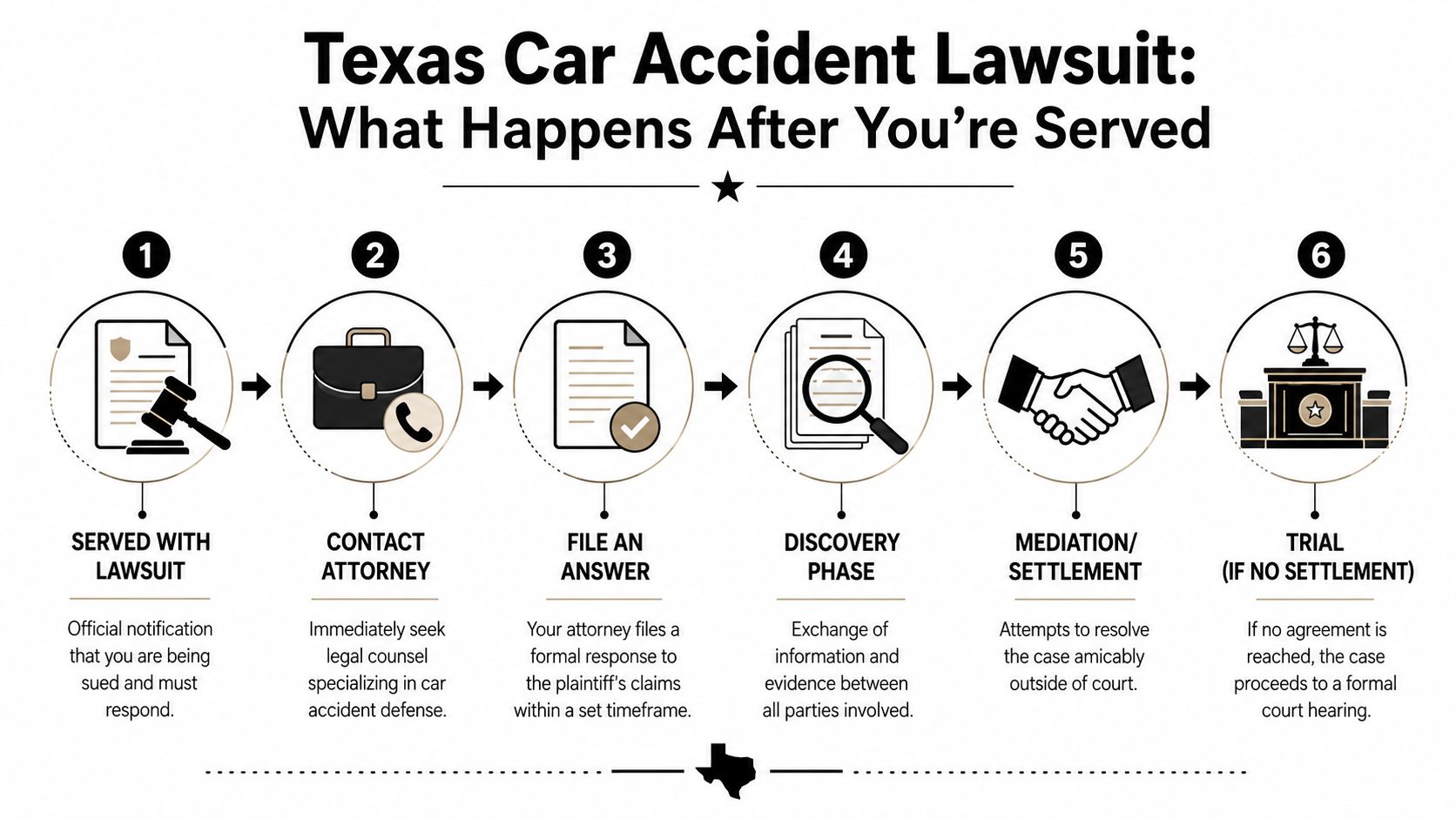 A six-step infographic detailing the legal process following a car accident lawsuit service in Texas.