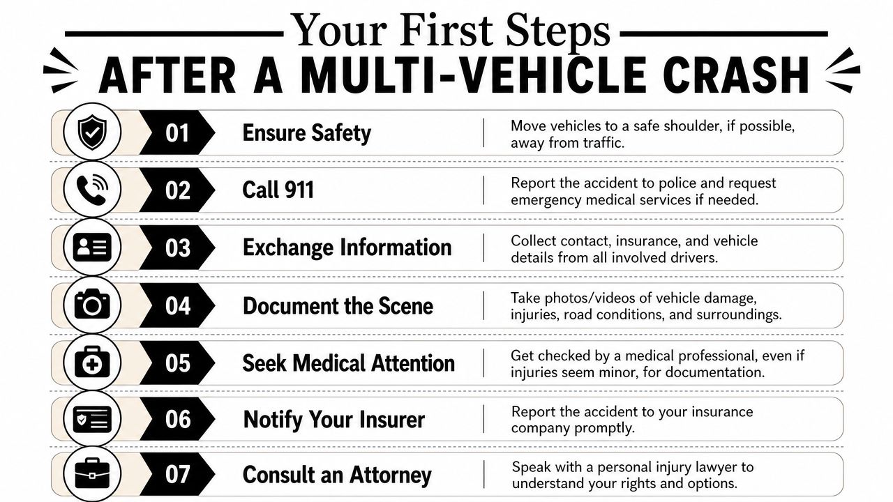 An infographic detailing seven essential steps to take following a multi-vehicle accident for safety and documentation.