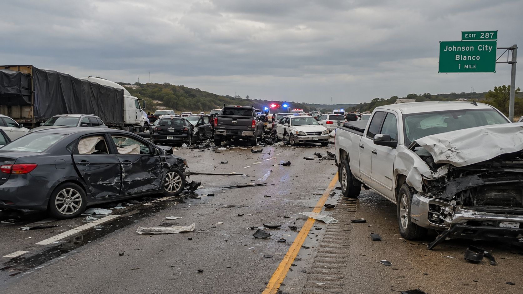 A major multi-vehicle accident scene on a Texas highway with damaged cars and emergency vehicles present.