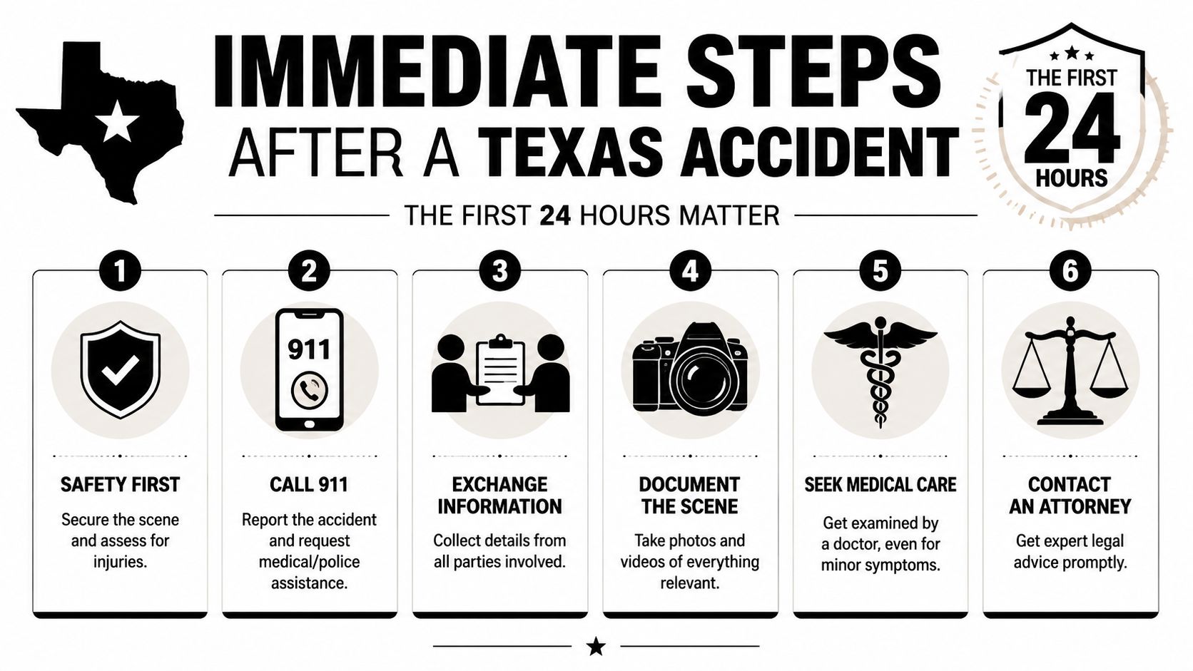 An infographic showing six essential steps to follow immediately after a car accident in Texas.