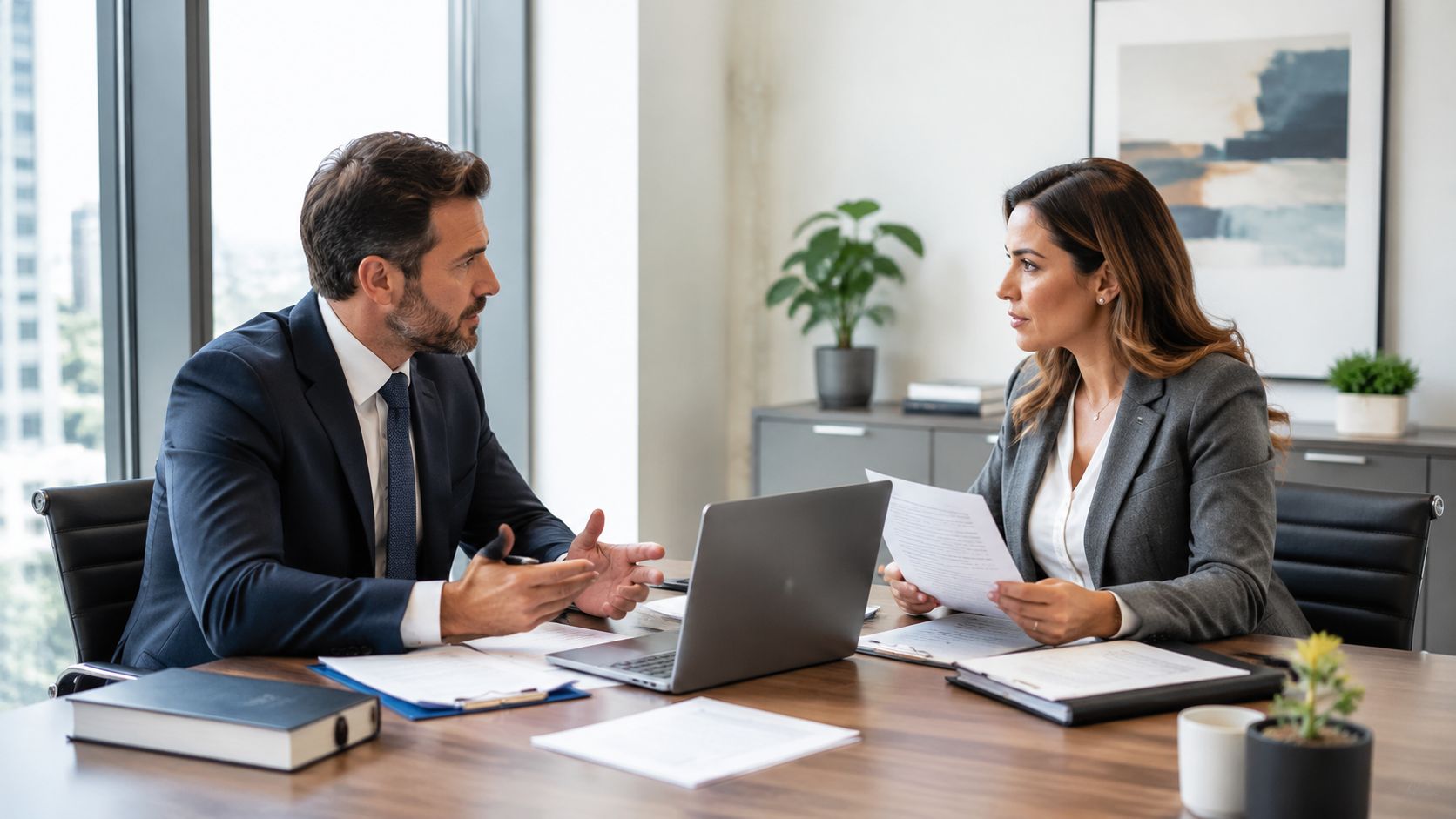 A professional man and woman in business attire discussing legal documents during a meeting in an office.