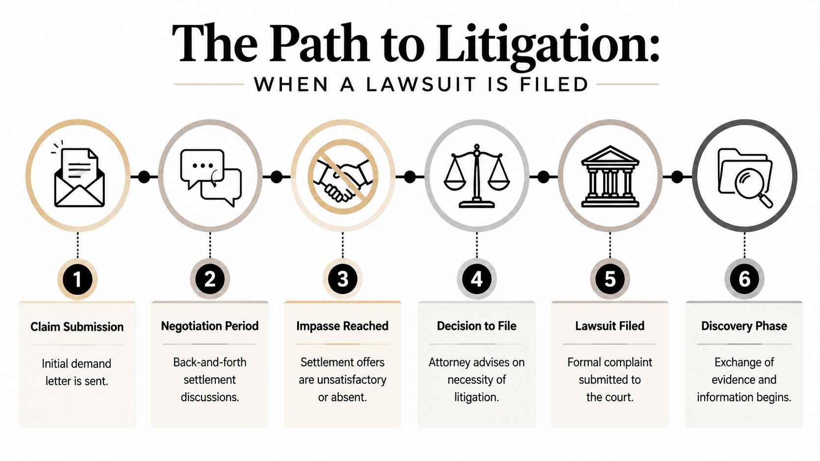 A six-step infographic illustrating the sequential progression of a legal case from claim to discovery.