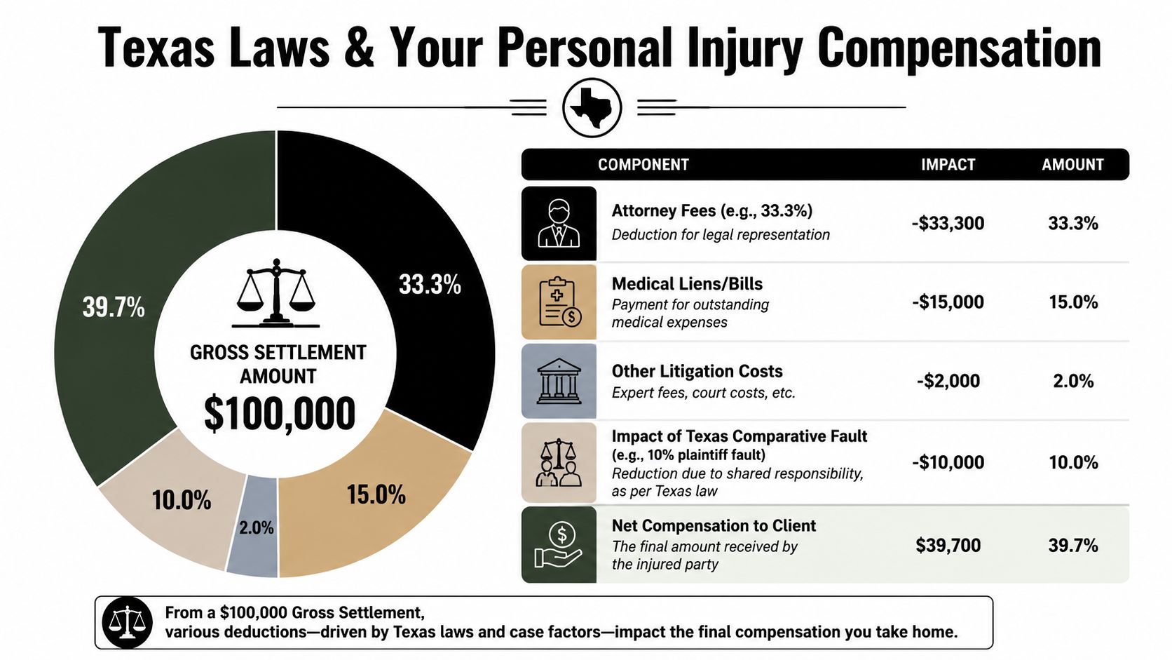 An infographic detailing the breakdown of a $100,000 personal injury settlement based on Texas legal compensation standards.