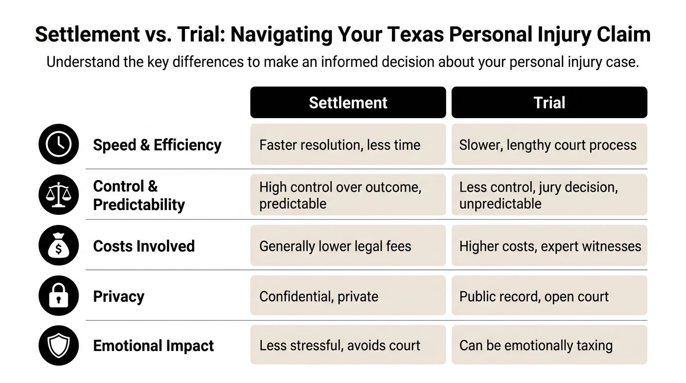 A comparison table outlining the key differences between settlement and trial in a Texas personal injury claim.