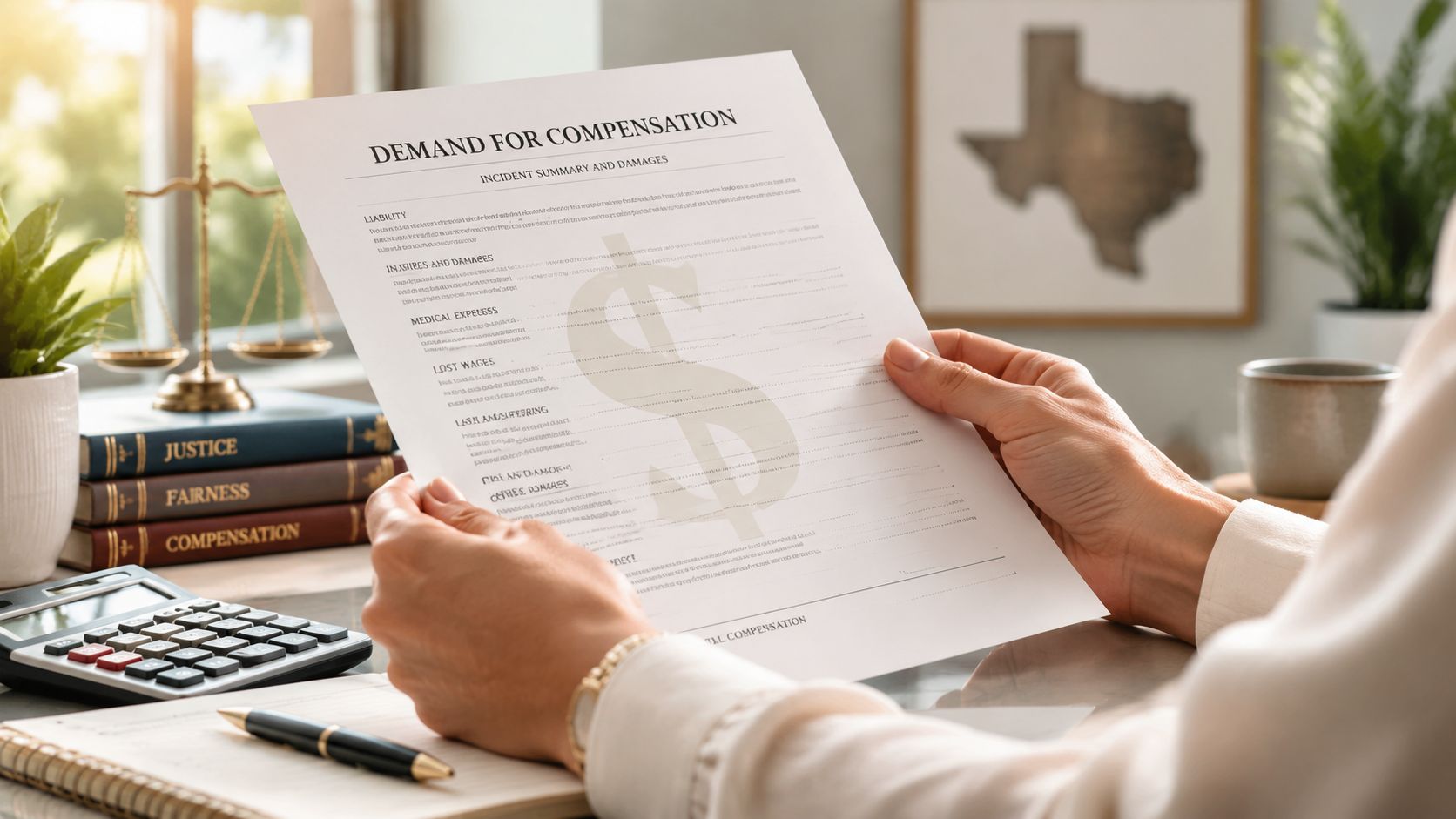 A person reviewing a personal injury demand for compensation document in a professional law office setting.