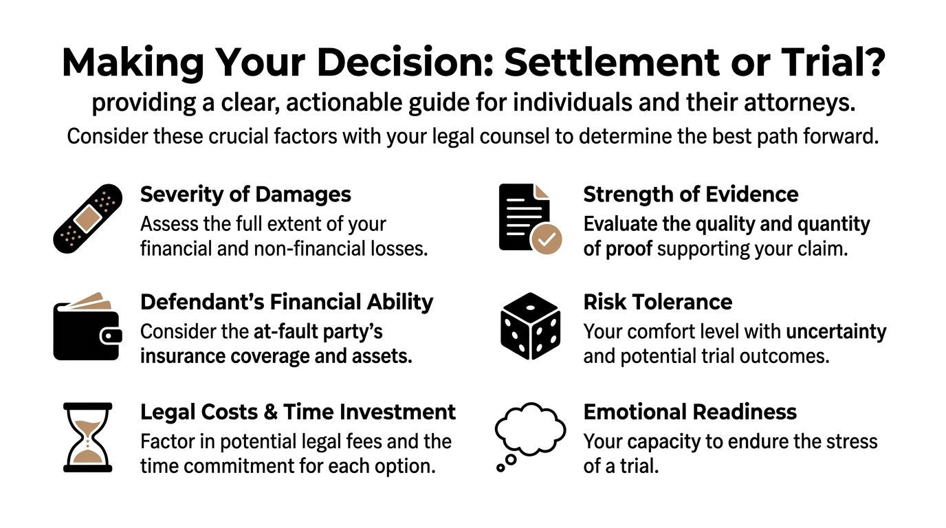 An infographic titled Making Your Decision: Settlement or Trial, outlining six key factors for legal cases.